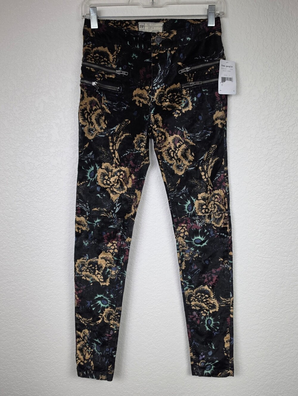 NWT Free People Size 0 Floral Skinny Velvet Velour Pants